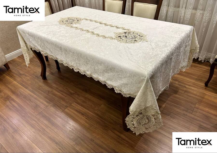 شرشف سفرة مخمل مع دنتيل تركي تركي