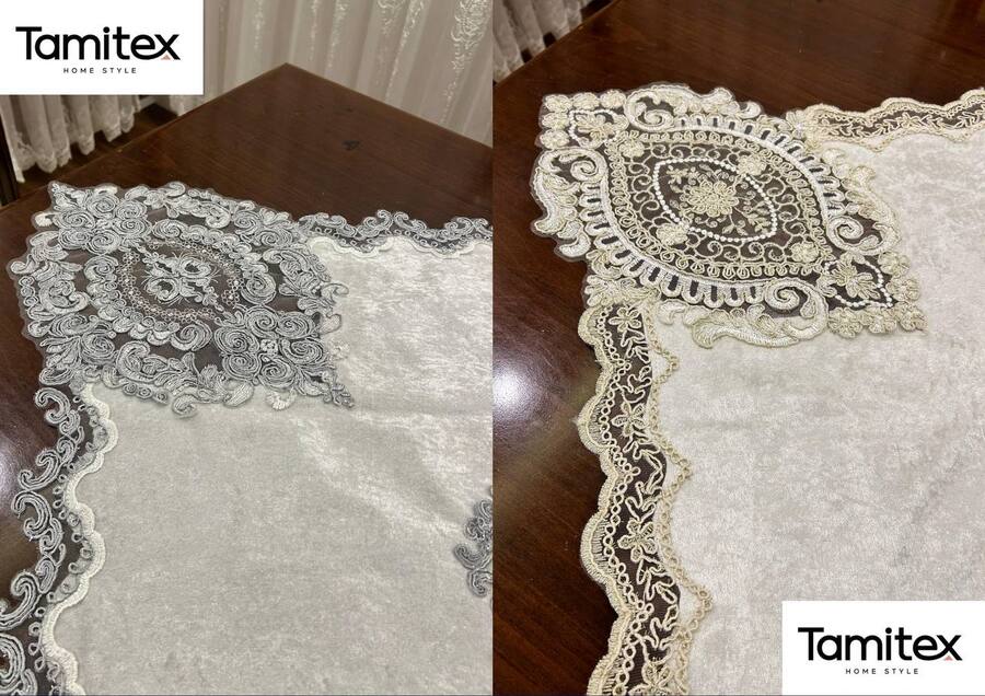 طقم وسط طاولة مخمل مع دنتيل تركي
